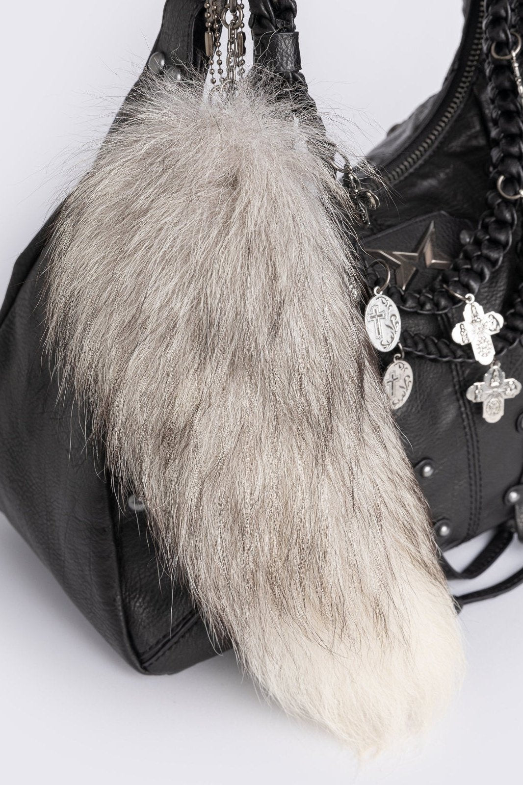 Studded Black PU Hobo Bag with Cross Charms & Fox Tail Keychain