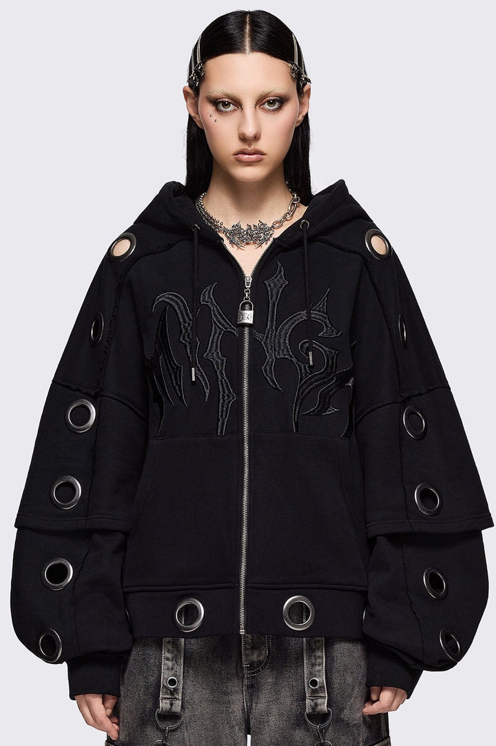 Black Layered Zip Up Hoodie with Chunky Eyelets | Minga London