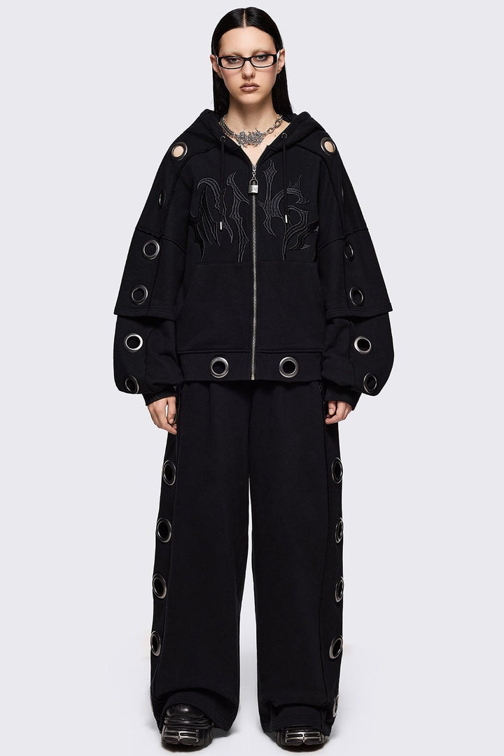 Black Layered Zip Up Hoodie with Chunky Eyelets | Minga London