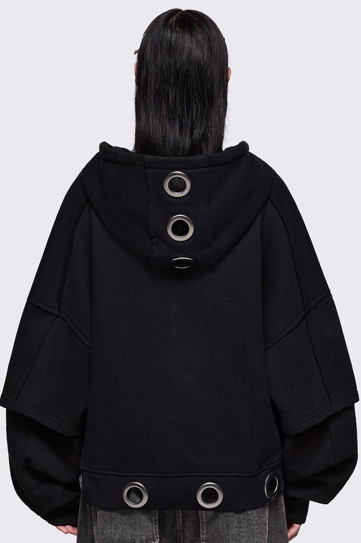 Black Layered Zip Up Hoodie with Chunky Eyelets | Minga London