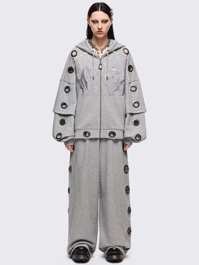 Grey marl layered zip up hoodie featuring chunky silver eyelets and raw edge seam details.