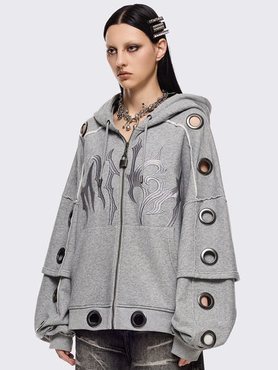 Grey marl layered zip up hoodie featuring chunky silver eyelets and raw edge seam details.