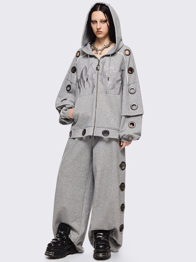 Grey marl layered zip up hoodie featuring chunky silver eyelets and raw edge seam details.
