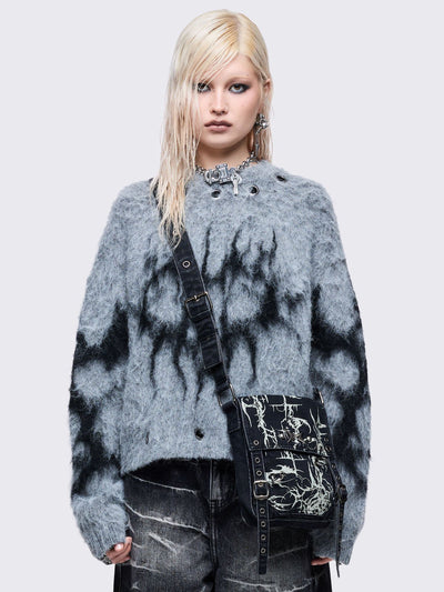 Black washed denim crossbody bag with off-white grunge sigilism graphic print