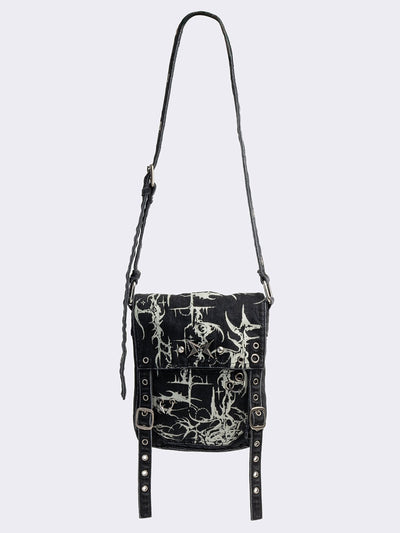 Black washed denim crossbody bag with off-white grunge sigilism graphic print