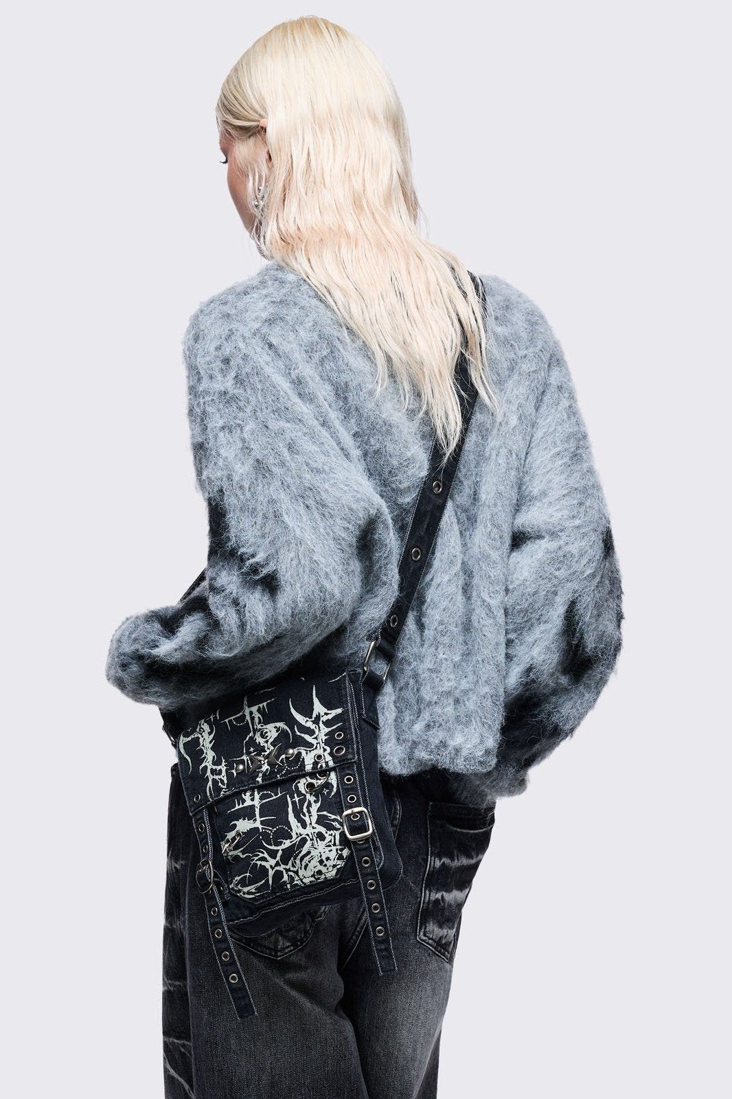 Black Denim Mini Messenger Bag With White Cyber Sigils | Minga London