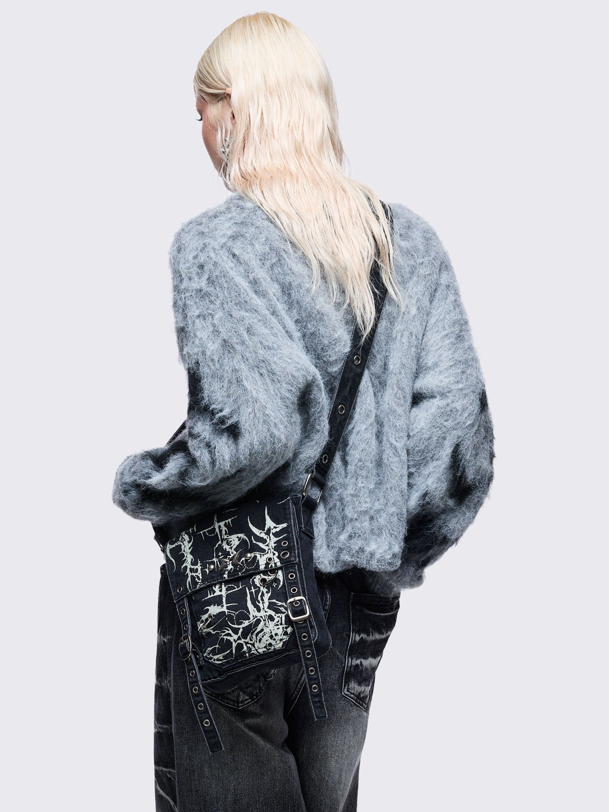 Black washed denim crossbody bag with off-white grunge sigilism graphic print