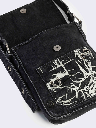 Black washed denim crossbody bag with off-white grunge sigilism graphic print
