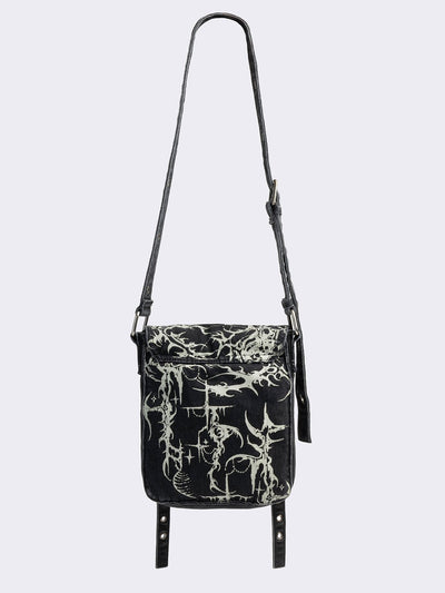 Black washed denim crossbody bag with off-white grunge sigilism graphic print