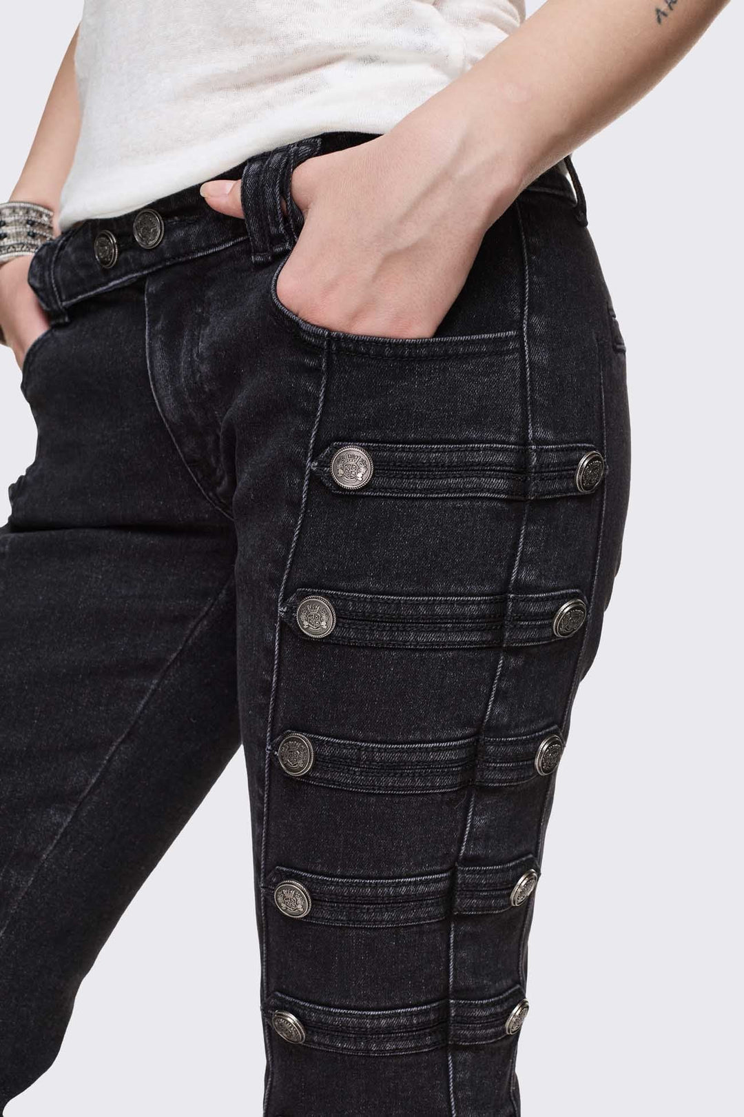 Black Flared Jeans with Military Detail | Minga London