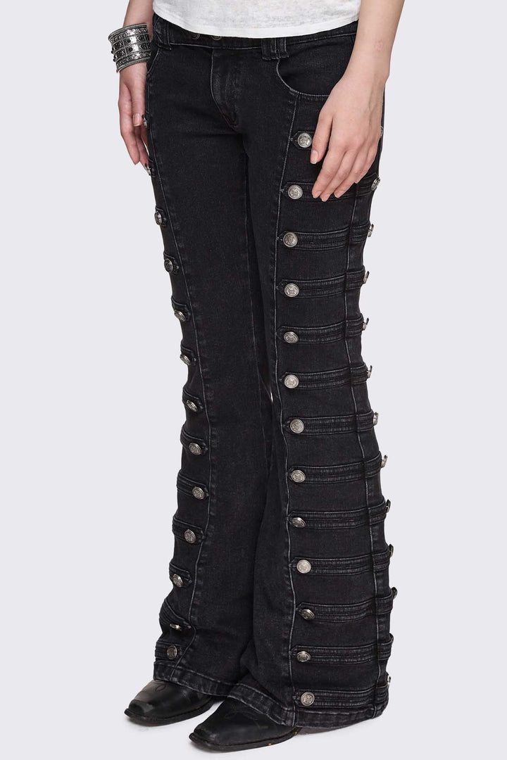 Black Flared Jeans with Military Detail | Minga London