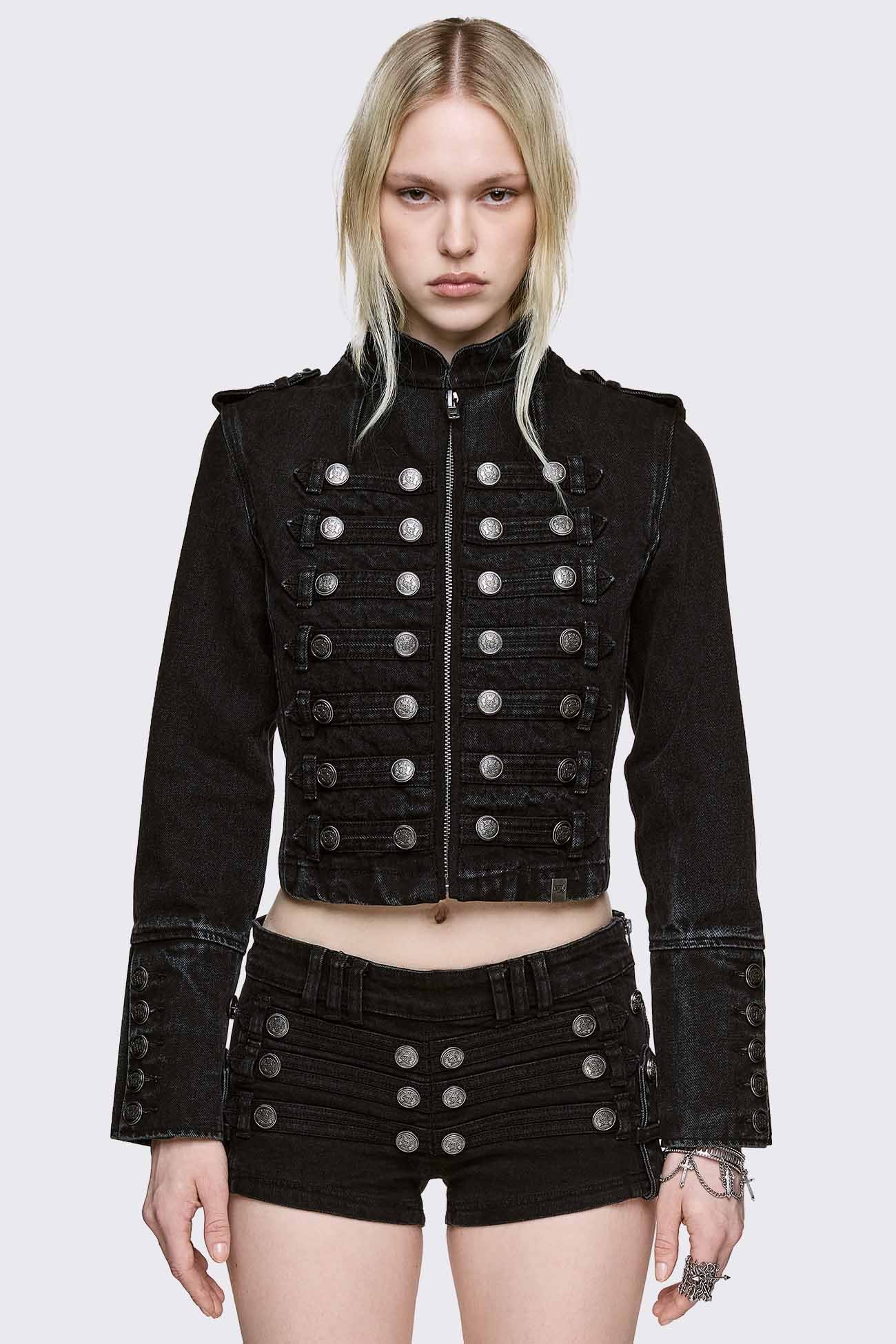 Black washed denim jacket with military button details, stand collar, and cropped fit in a goth style.