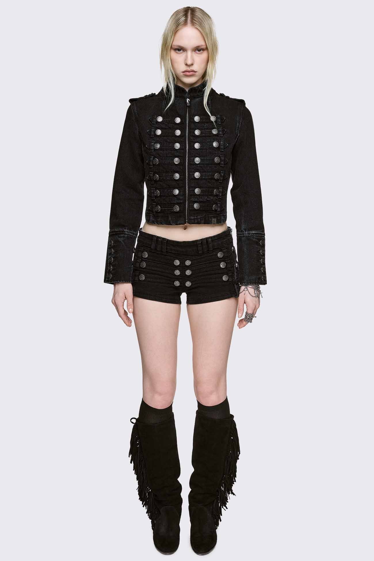 Black washed denim jacket with military button details, stand collar, and cropped fit in a goth style.