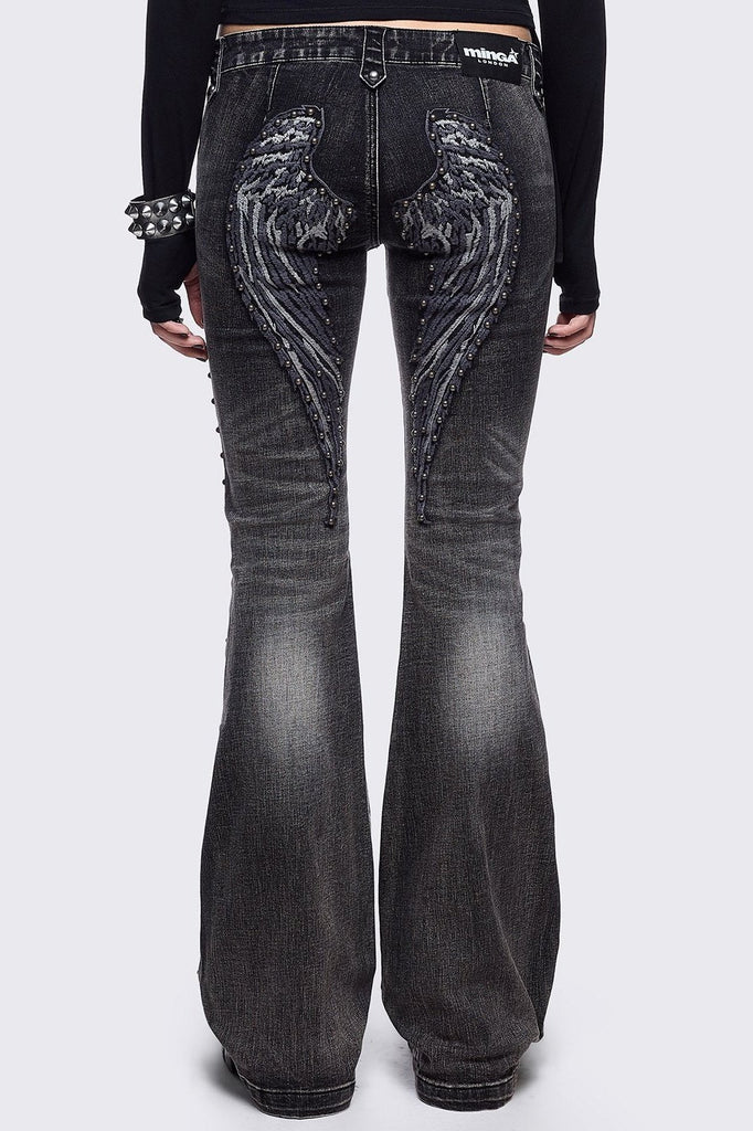 Black Flared Jeans with Back Embroidered Wings | Minga London