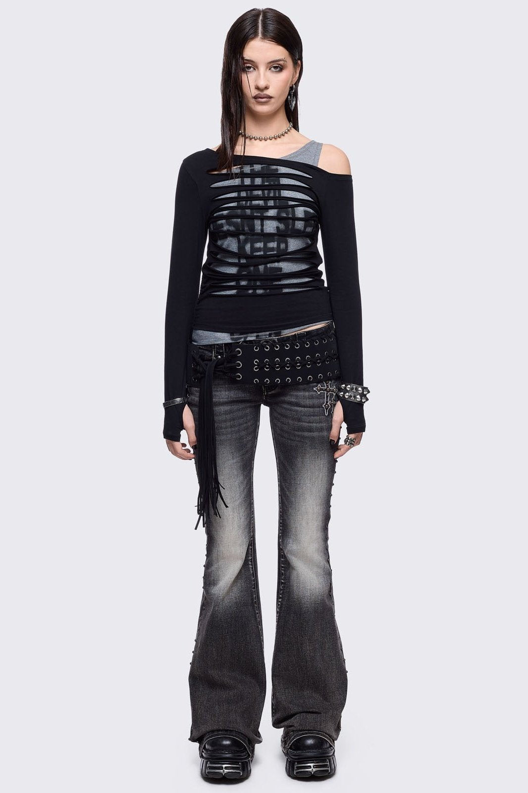 Black Flared Jeans with Back Embroidered Wings | Minga London