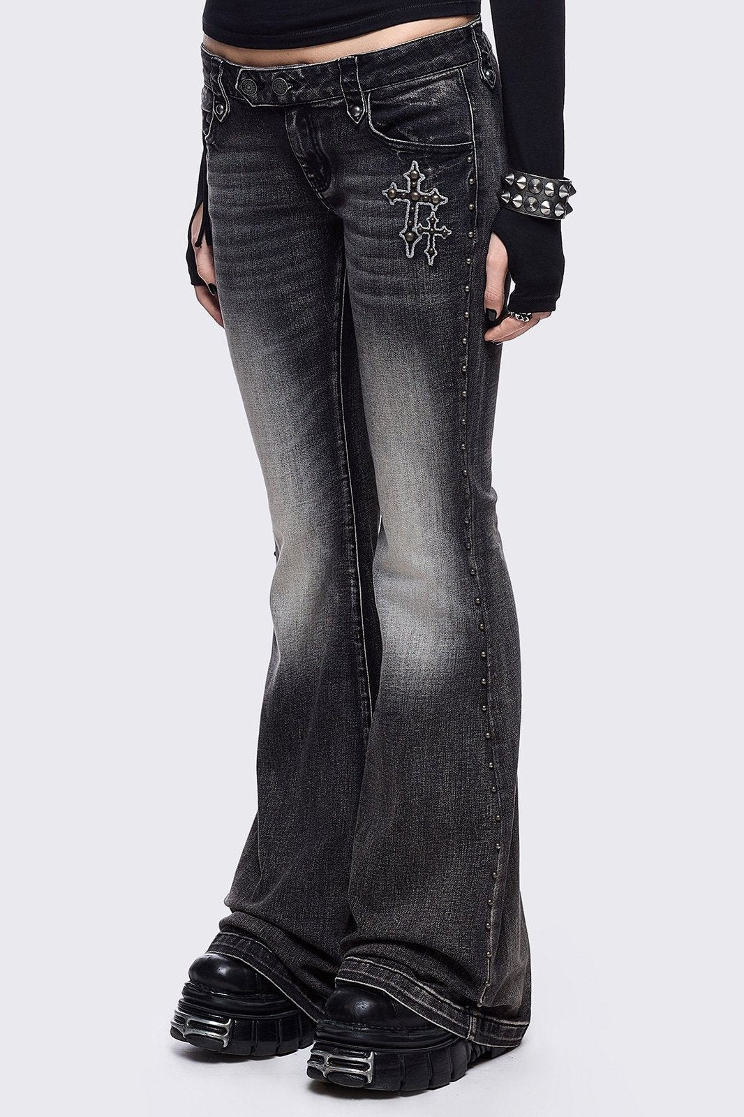 パンツ archive damage flared black denim pants Black Flared Jeans with Back Embroidered Wings | Minga London