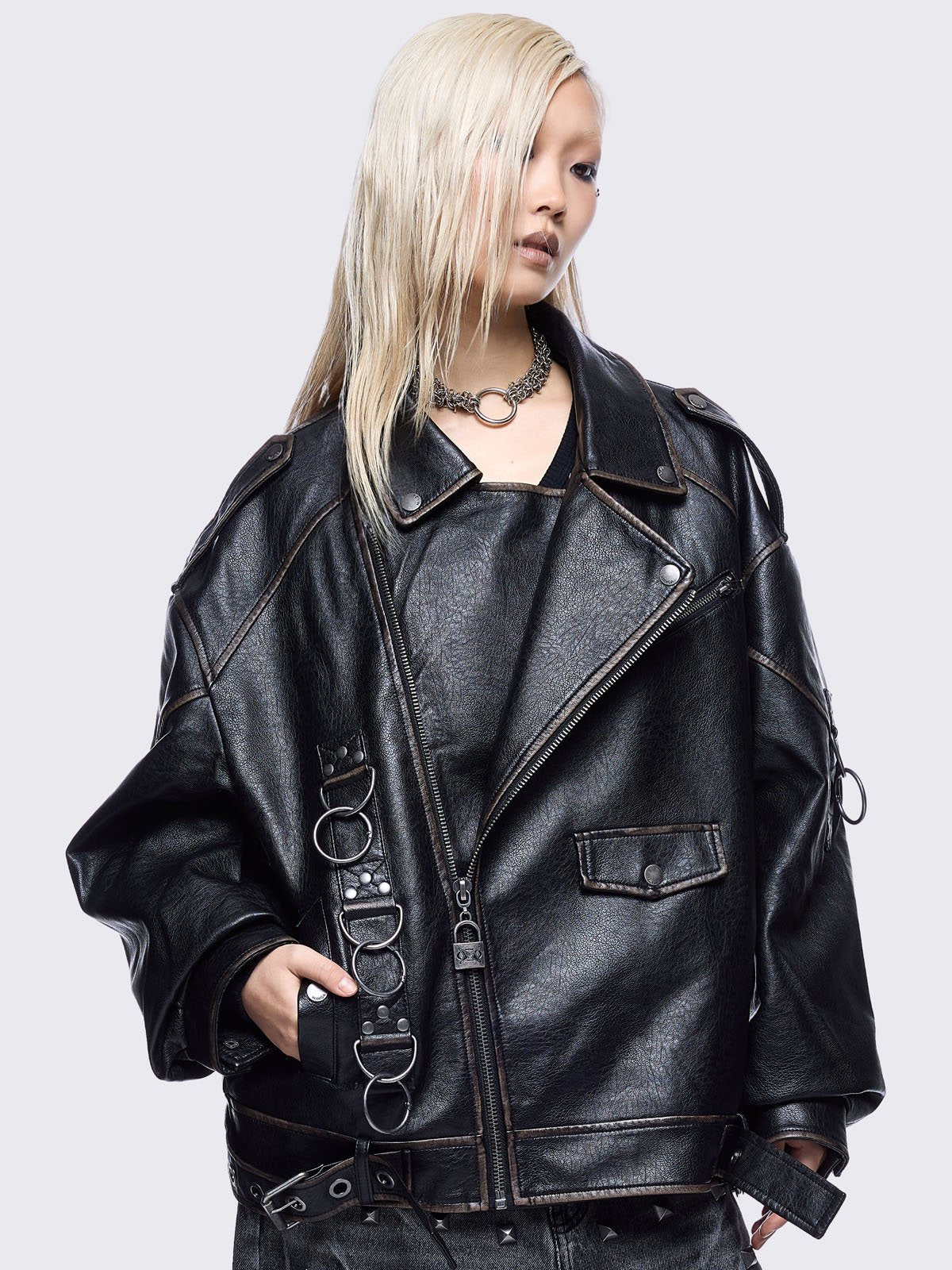 Black washed faux leather biker jacket with metal hardware details