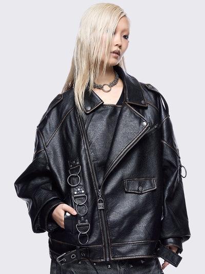Black washed faux leather biker jacket with metal hardware details