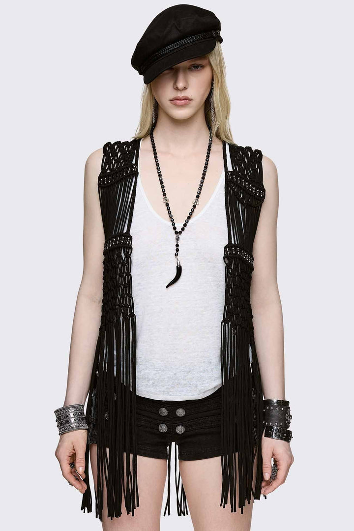 Black Macramé Fringe Vest | Minga London
