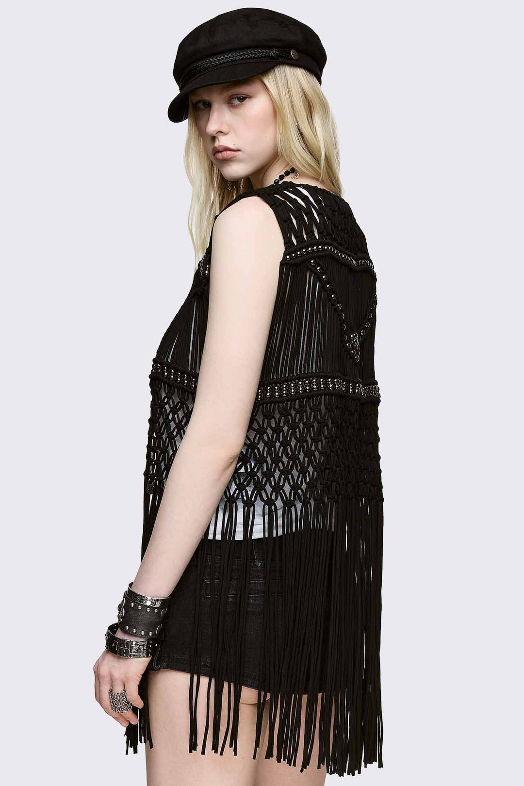 Black Macramé Fringe Vest | Minga London