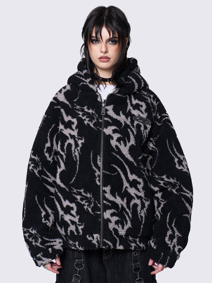 Cyber Sigilism Borg Fleece Oversized Zip Up Hoodie Jacket in Black