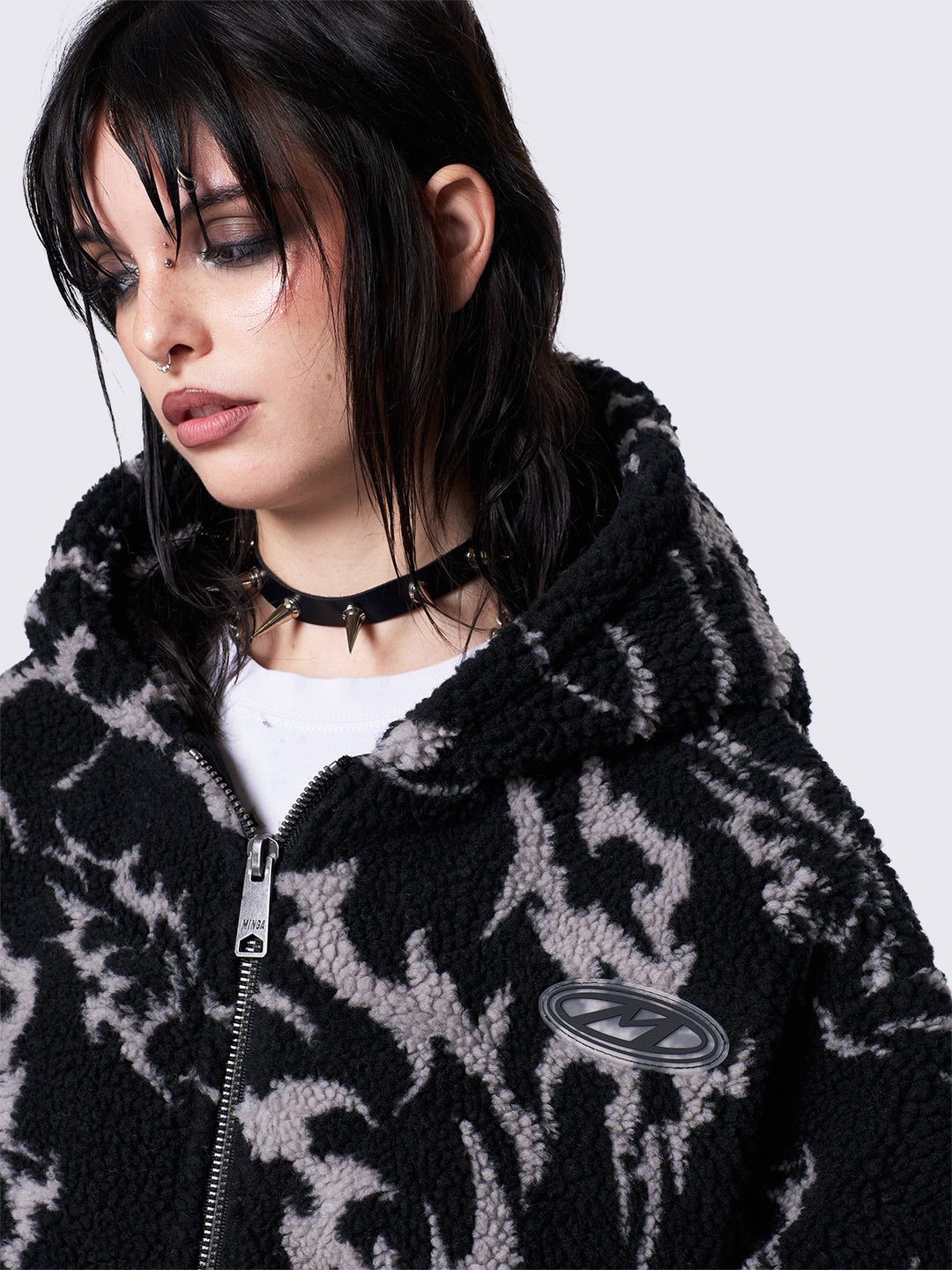 Cyber Sigilism Borg Fleece Oversized Zip Up Hoodie Jacket in