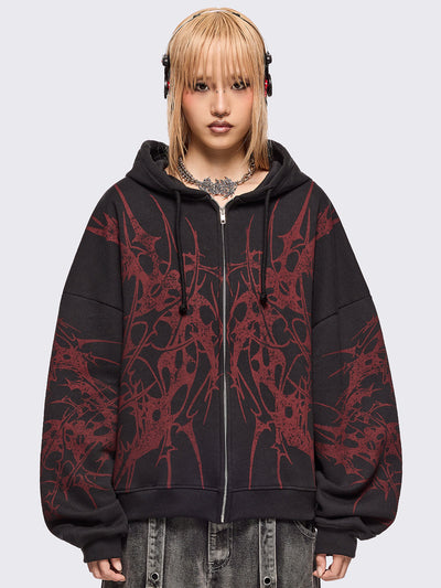 Black zip up hoodie jacket with red sigilism graphic front and sleeves print.