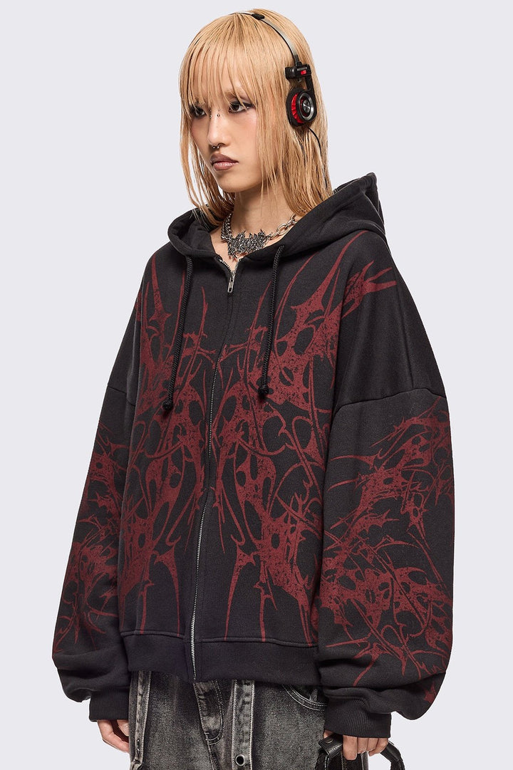Black Zip Up Hoodie with Red Sigilism Print | Minga London
