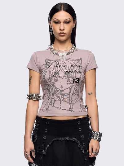 Pink baby tee with "I have your IP address" embroidery and anime girl ASCII-style graphic print.