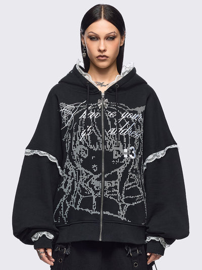 Black oversize zip up hoodie jacket with "I have your IP address" embroidery, anime girl ASCII-style graphic print and white lace seam details.