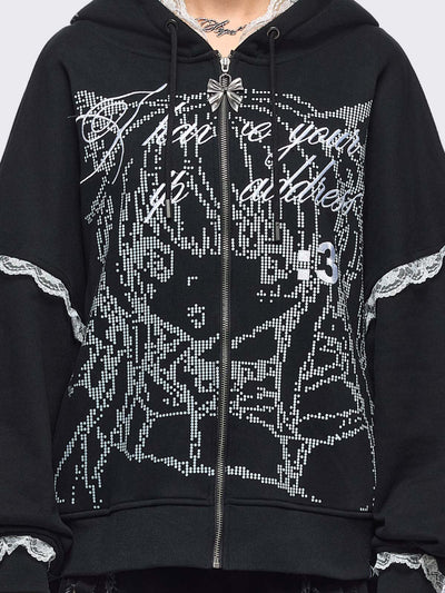 Black oversize zip up hoodie jacket with "I have your IP address" embroidery, anime girl ASCII-style graphic print and white lace seam details.
