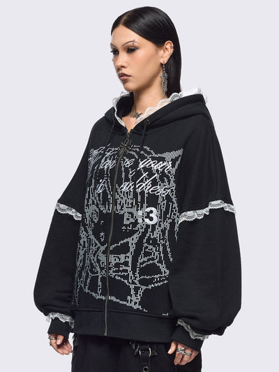Black oversize zip up hoodie jacket with "I have your IP address" embroidery, anime girl ASCII-style graphic print and white lace seam details.