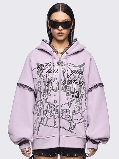 Pink zip up hoodie jacket with "I have your IP address" embroidery, anime girl ASCII-style graphic print and black lace seam details.