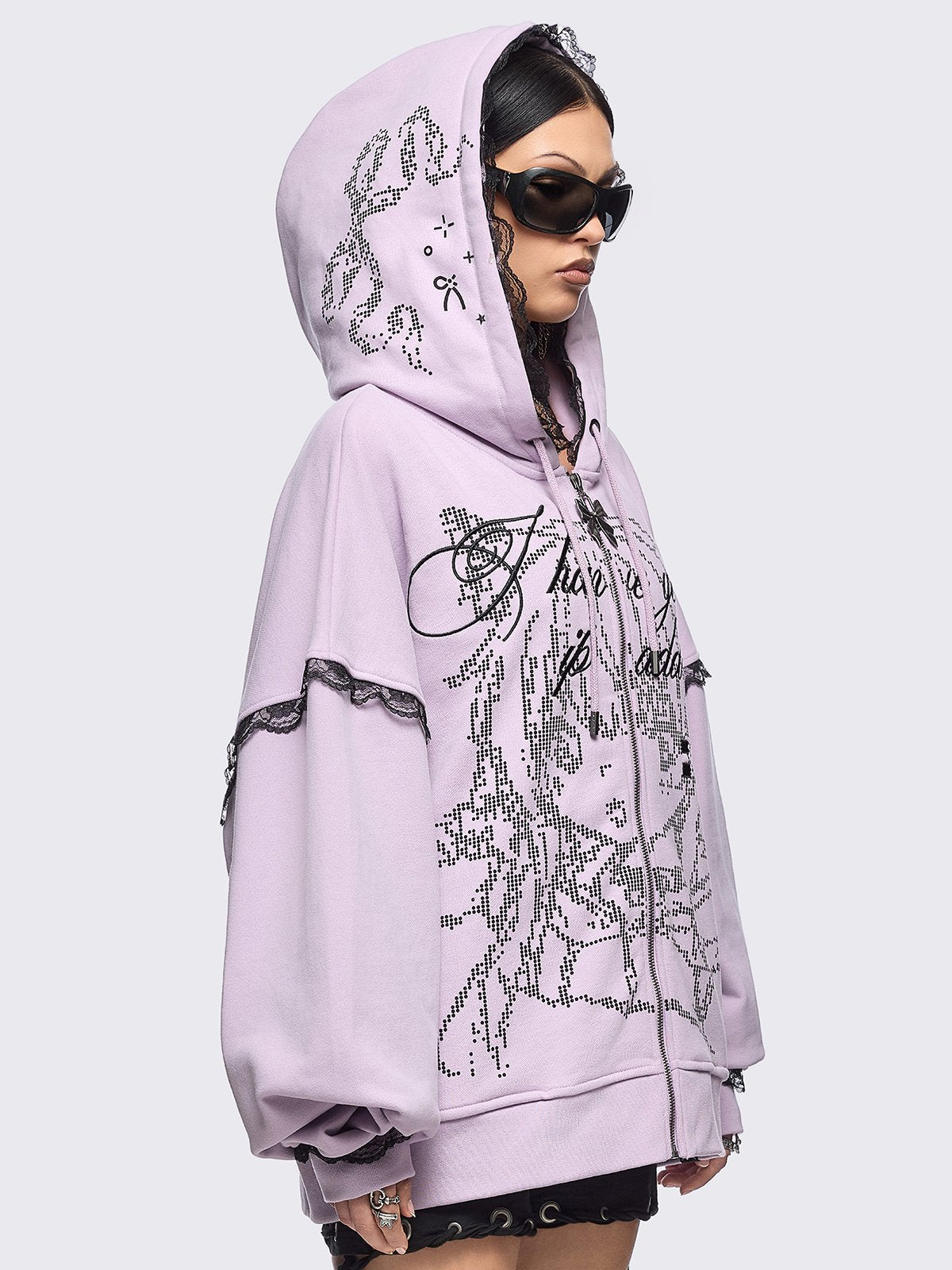 Pink zip up hoodie jacket with "I have your IP address" embroidery, anime girl ASCII-style graphic print and black lace seam details.