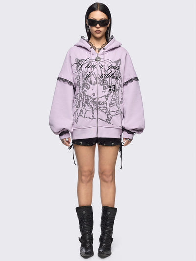 Pink zip up hoodie jacket with "I have your IP address" embroidery, anime girl ASCII-style graphic print and black lace seam details.