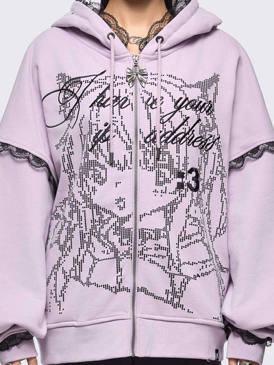 Pink zip up hoodie jacket with "I have your IP address" embroidery, anime girl ASCII-style graphic print and black lace seam details.