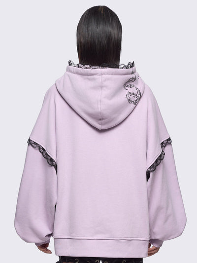 Pink zip up hoodie jacket with "I have your IP address" embroidery, anime girl ASCII-style graphic print and black lace seam details.
