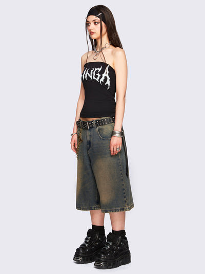 Blue washed longline denim jorts featuring a green overdye, removable chain, wide-leg fit and knee-length cut.