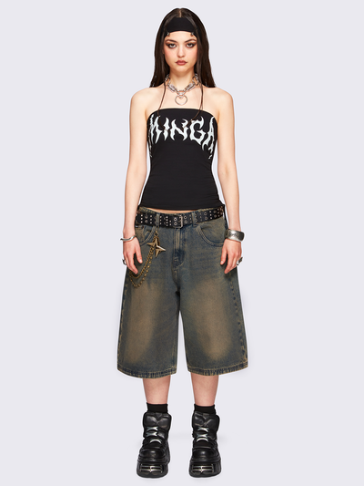 Blue washed longline denim jorts featuring a green overdye, removable chain, wide-leg fit and knee-length cut.