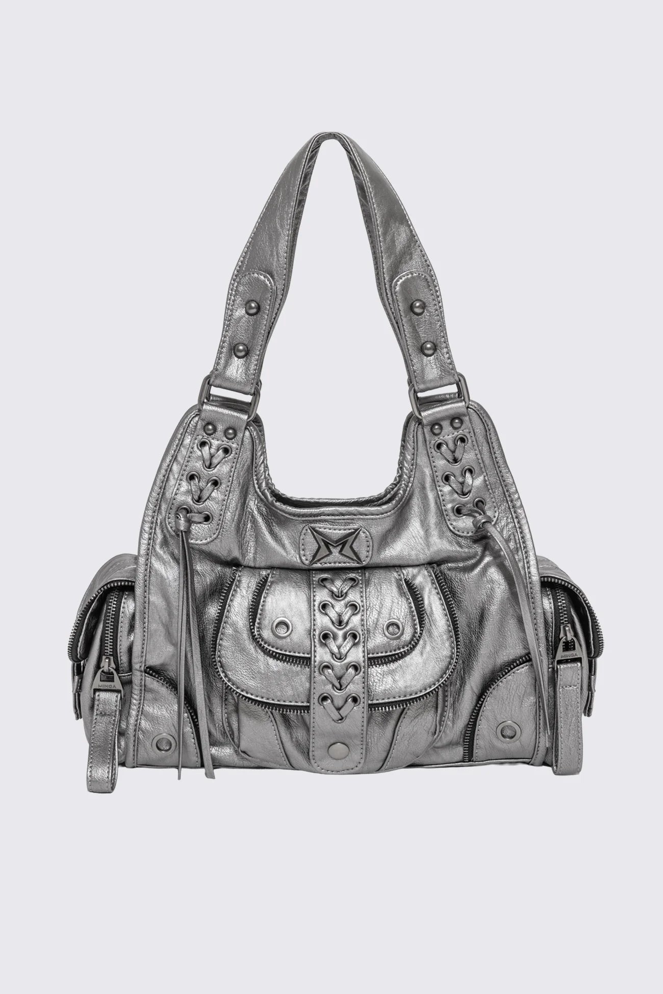 Silver faux leather shoulder bag with lace-up front, zip pockets and antique-silver hardware in a grunge Y2K style.
