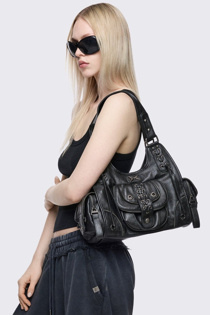 Black Vegan Leather Shoulder Bag | Minga London
