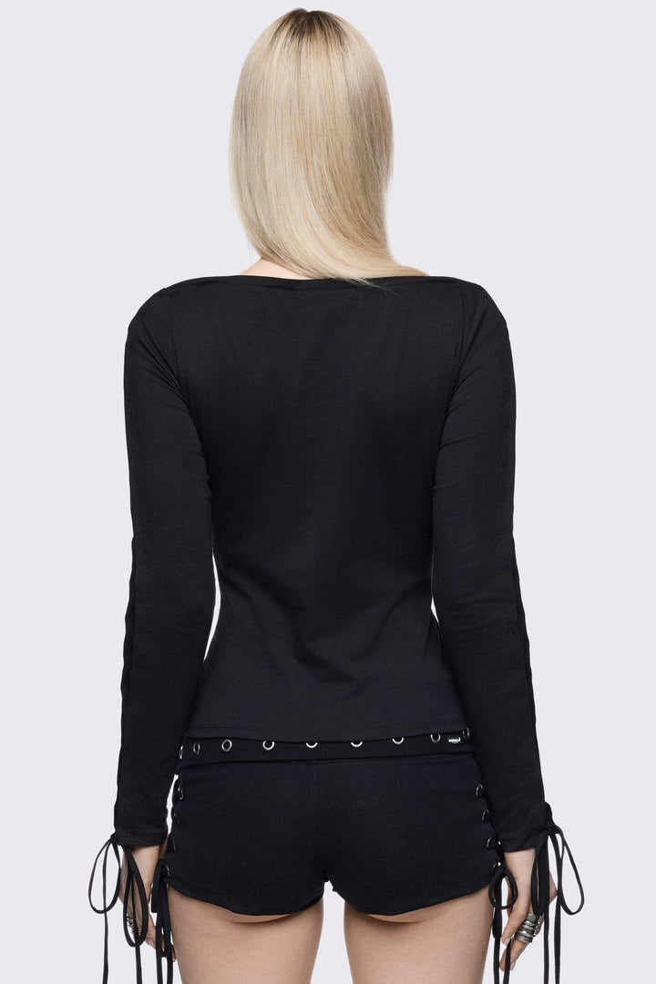 Black Lace-Up Long Sleeve Top | Minga London