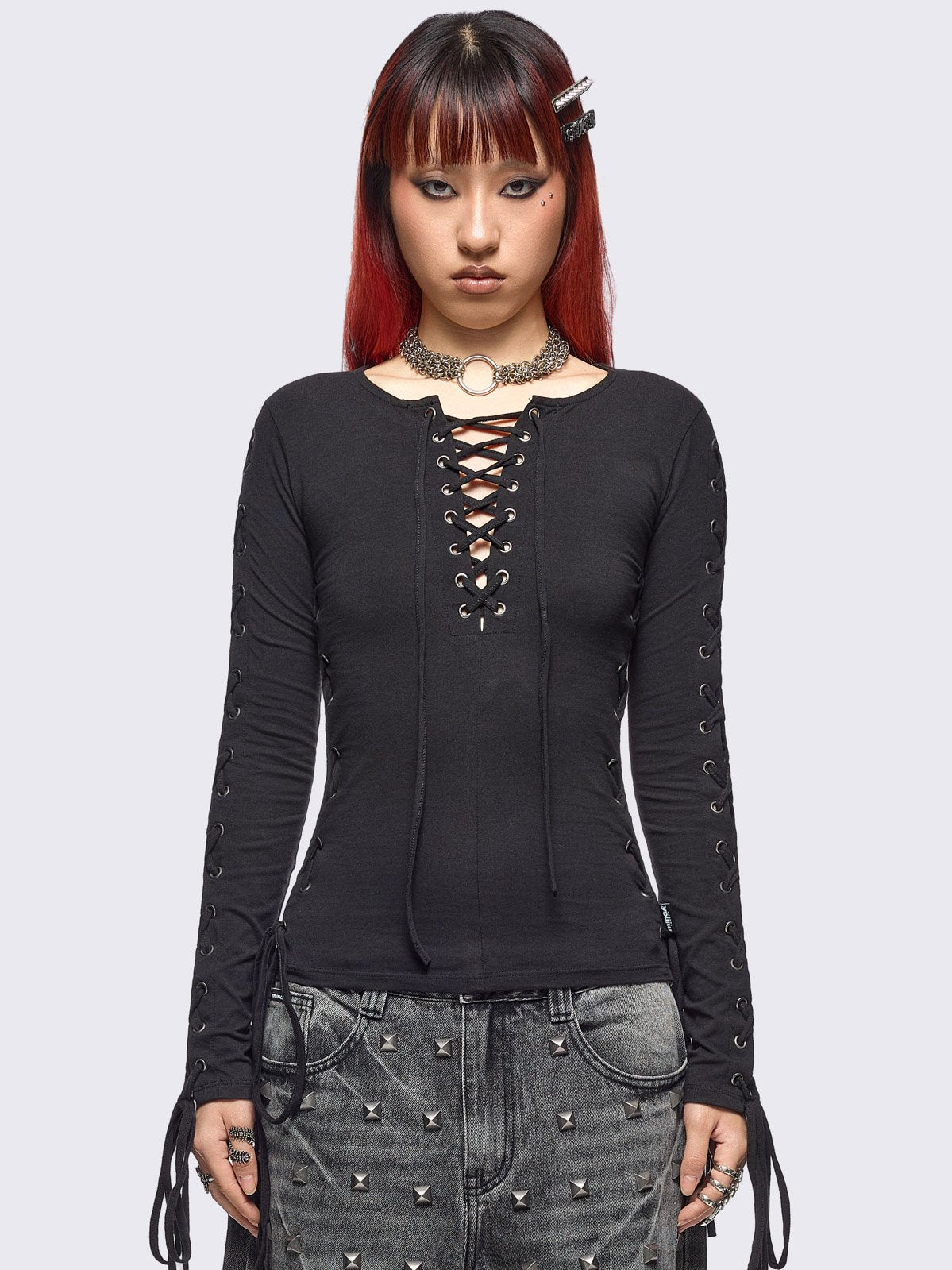 Khaela Black Lace-Up Top