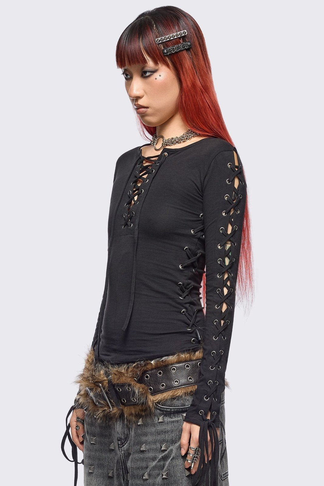 Black Lace-Up Long Sleeve Top | Minga London