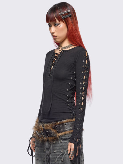 Khaela Black Lace-Up Top