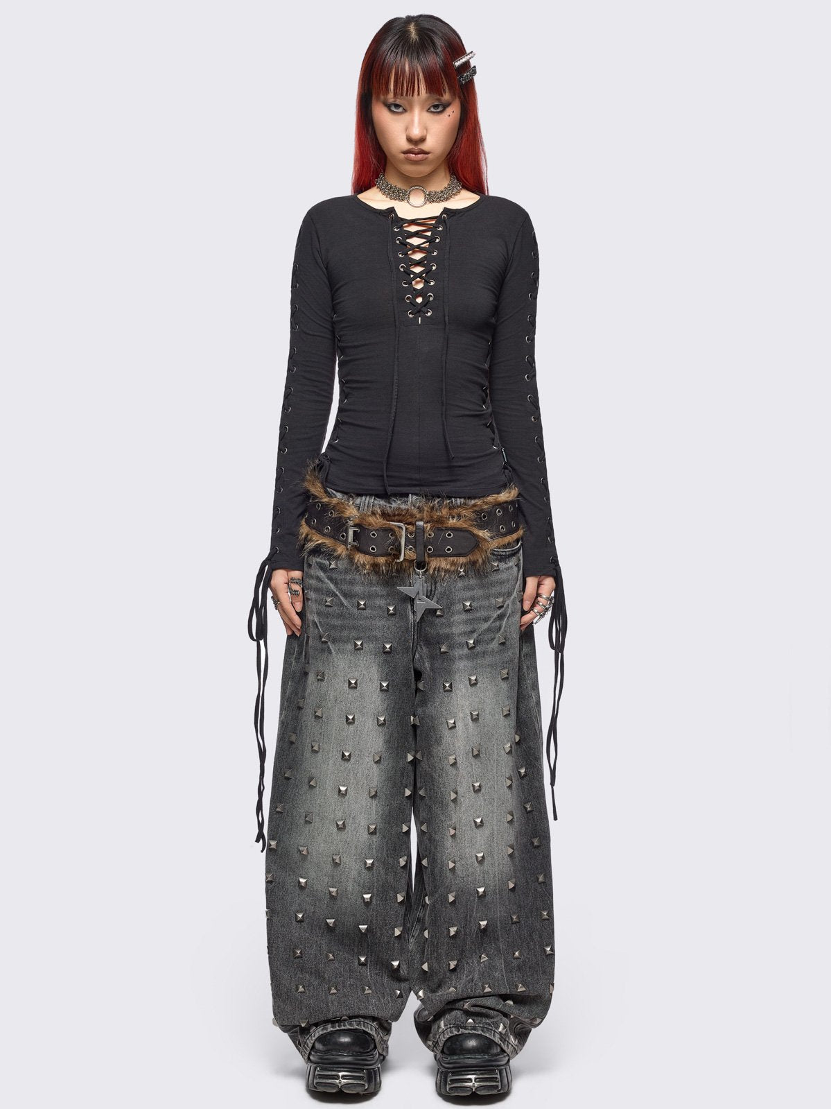 Khaela Black Lace-Up Top