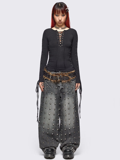 Khaela Black Lace-Up Top