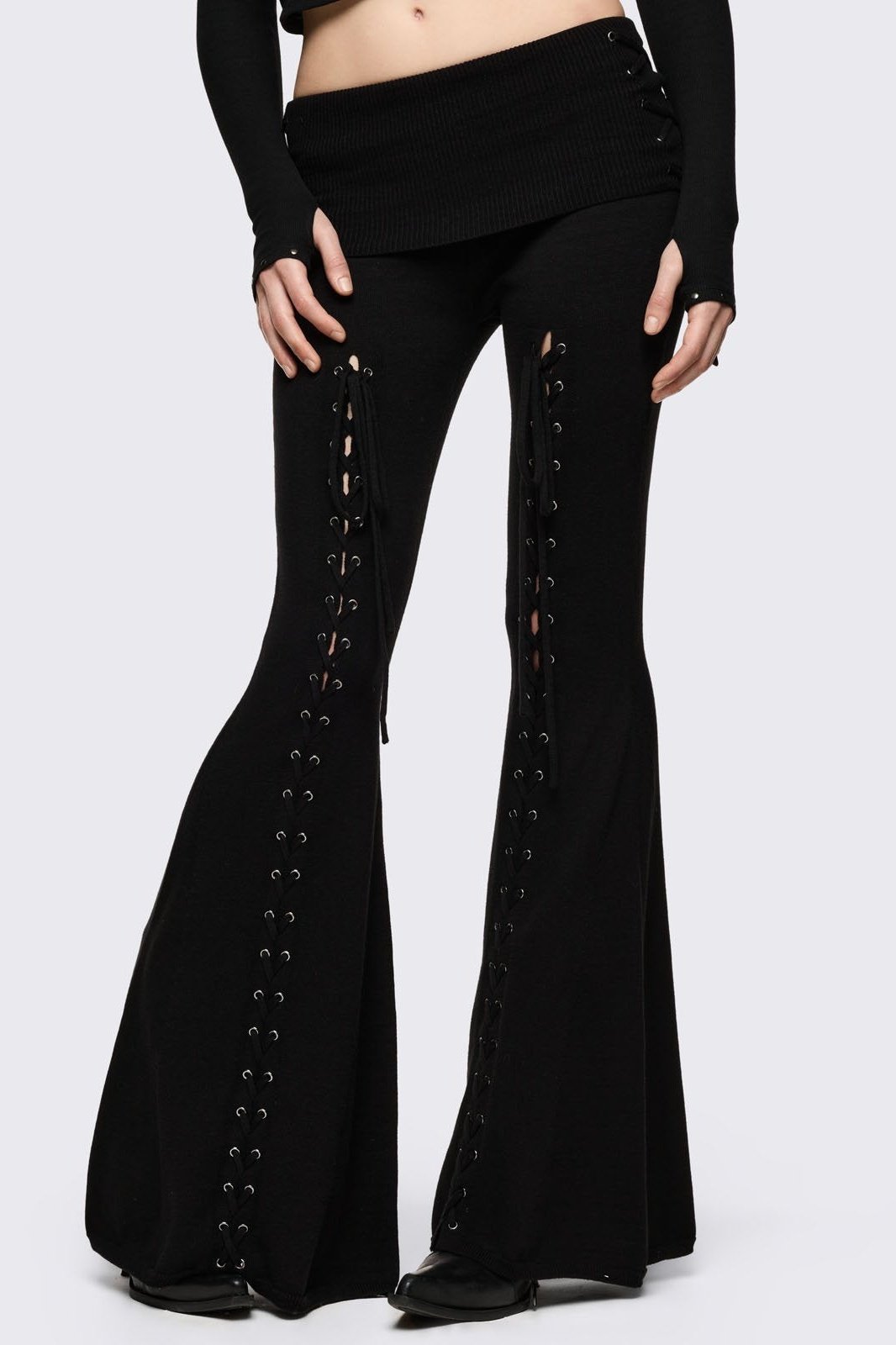 Black Flare Pants with Lace-Up Corset Detail | Minga London