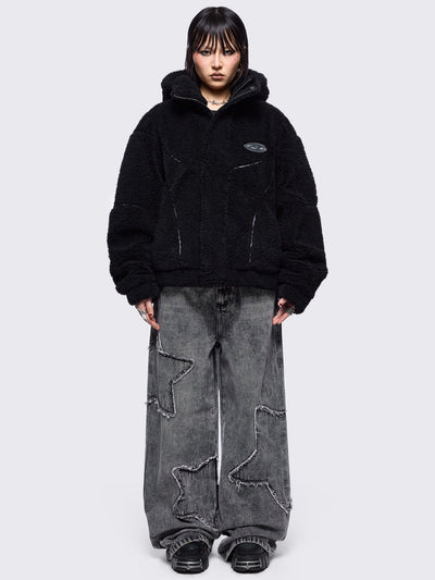 Black fleece hoodie jacket featuring grey piping and high neck hood.