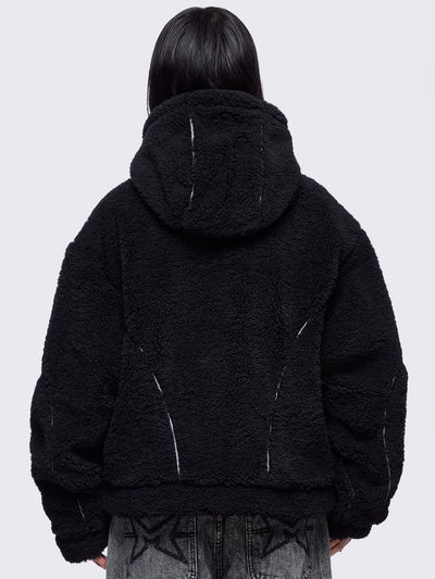 Black fleece hoodie jacket featuring grey piping and high neck hood.